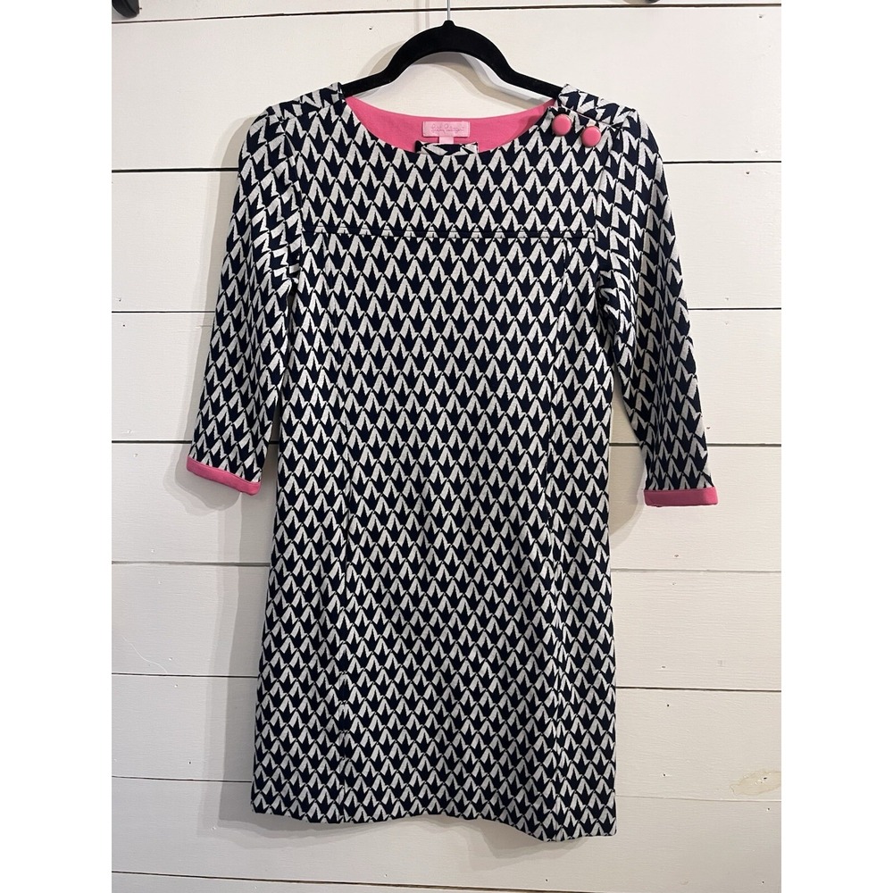 Lilly Pulitzer Jonah Dress Blue‎ White Pink Jacquard XS Extra Small stretch